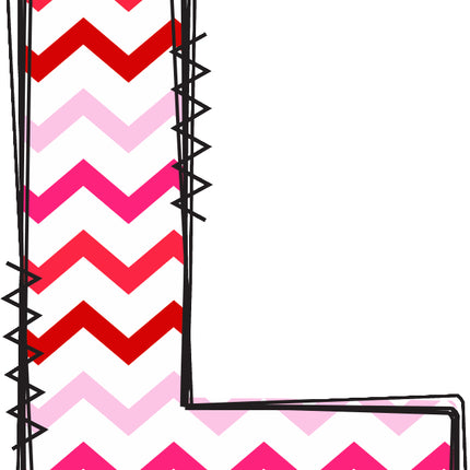 Letter 'L' with pink and red chevron pattern quilt fabric block
