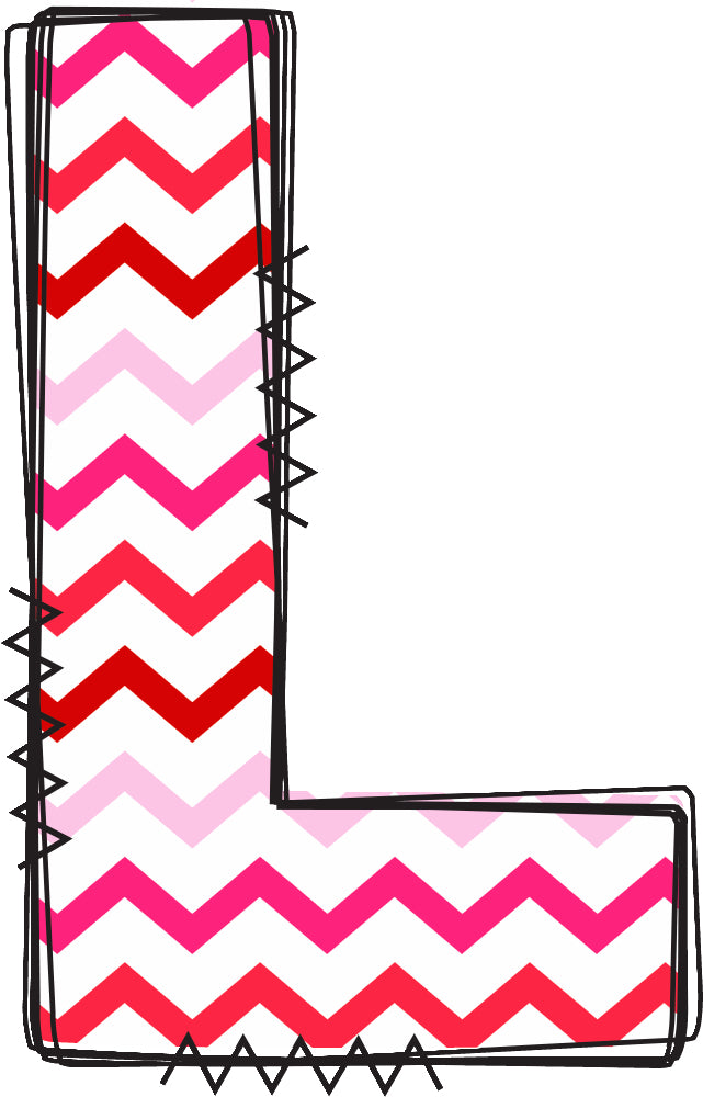 Letter 'L' with pink and red chevron pattern quilt fabric block