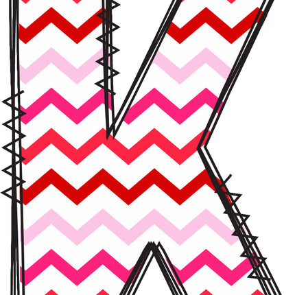 Letter 'K' with red and pink chevron pattern quilt fabric block