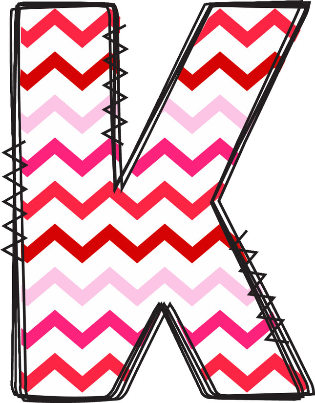 Letter 'K' with red and pink chevron pattern quilt fabric block