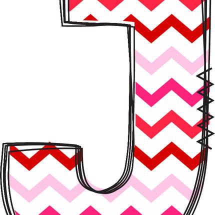 Letter 'J' with pink and red chevron pattern quilt fabric block