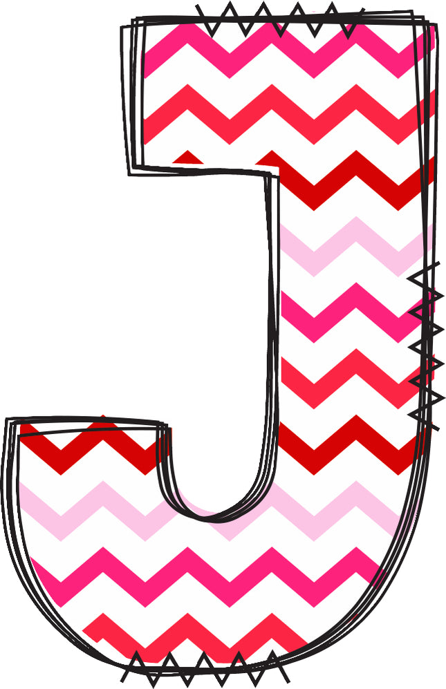 Letter 'J' with pink and red chevron pattern quilt fabric block