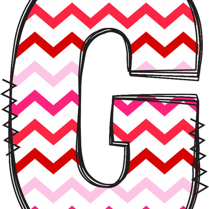 Letter 'G' with pink and red chevron pattern quilt fabric block