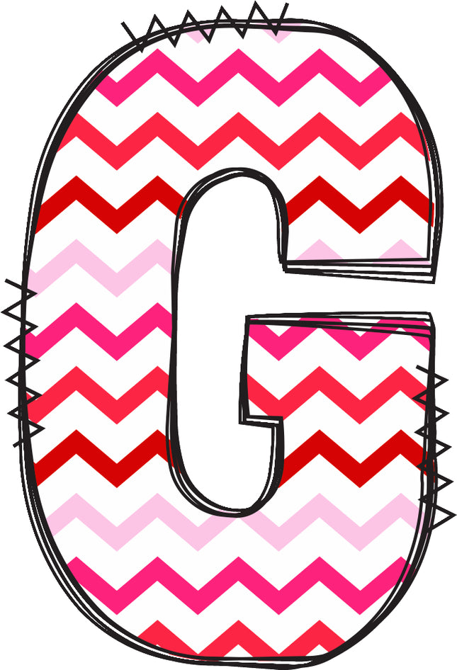 Letter 'G' with pink and red chevron pattern quilt fabric block