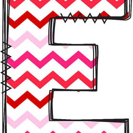 Chevron patterned letter 'E' with pink and red quilt fabric panel