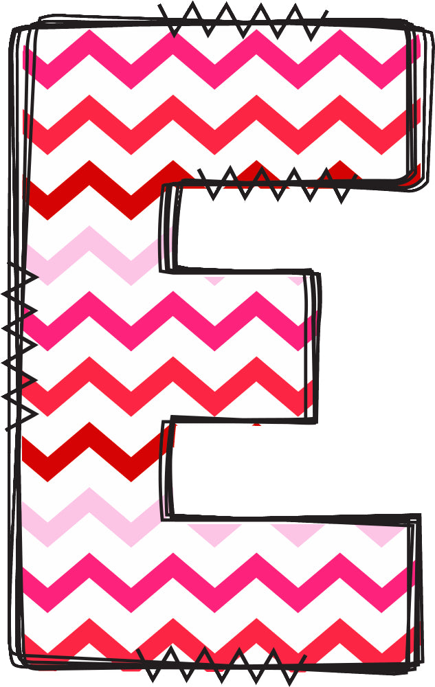 Chevron patterned letter 'E' with pink and red quilt fabric panel
