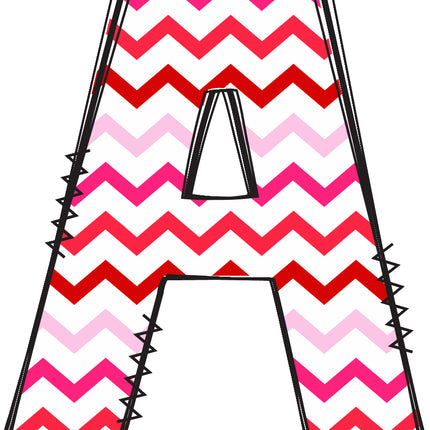 Letter 'A' with a chevron pattern in red and pink quilt fabric panel