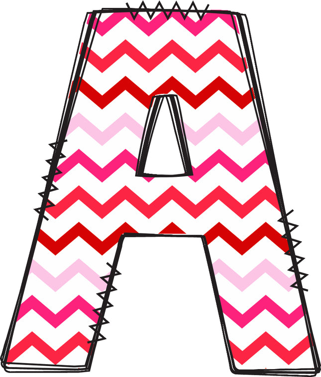 Letter 'A' with a chevron pattern in red and pink quilt fabric panel