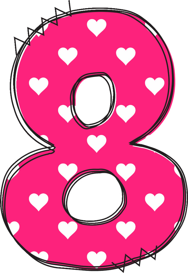 Pink number 8 with white hearts fabric panel block