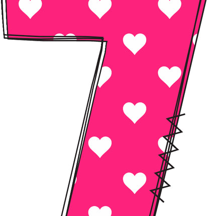 Pink number 7 with white hearts fabric panel block