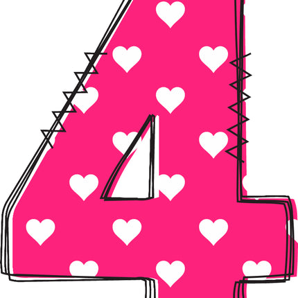 Pink number '4' with white hearts fabric panel block
