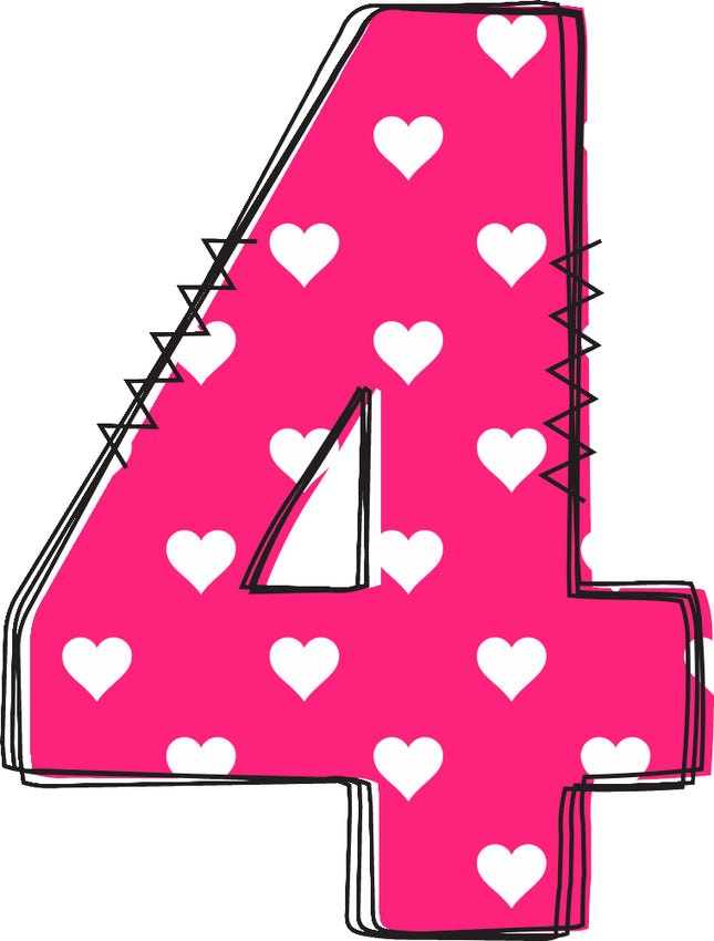 Pink number '4' with white hearts fabric panel block