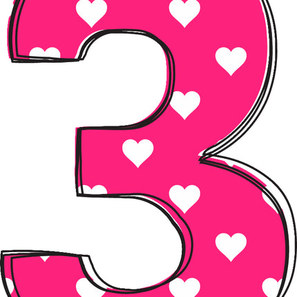 Pink number '3' with white heart fabric panel block