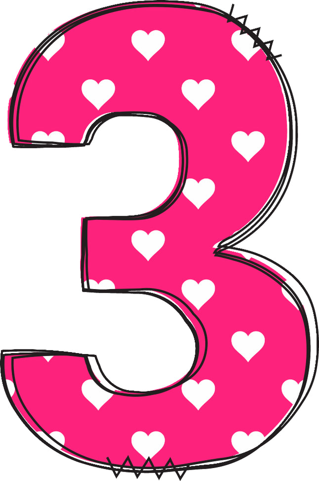 Pink number '3' with white heart fabric panel block