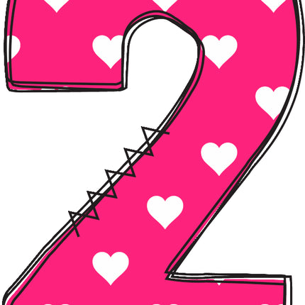 Pink number '2' with white hearts fabric panel block