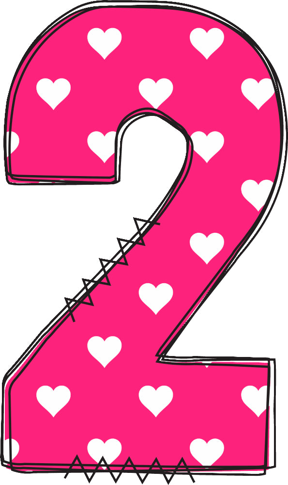 Pink number '2' with white hearts fabric panel block