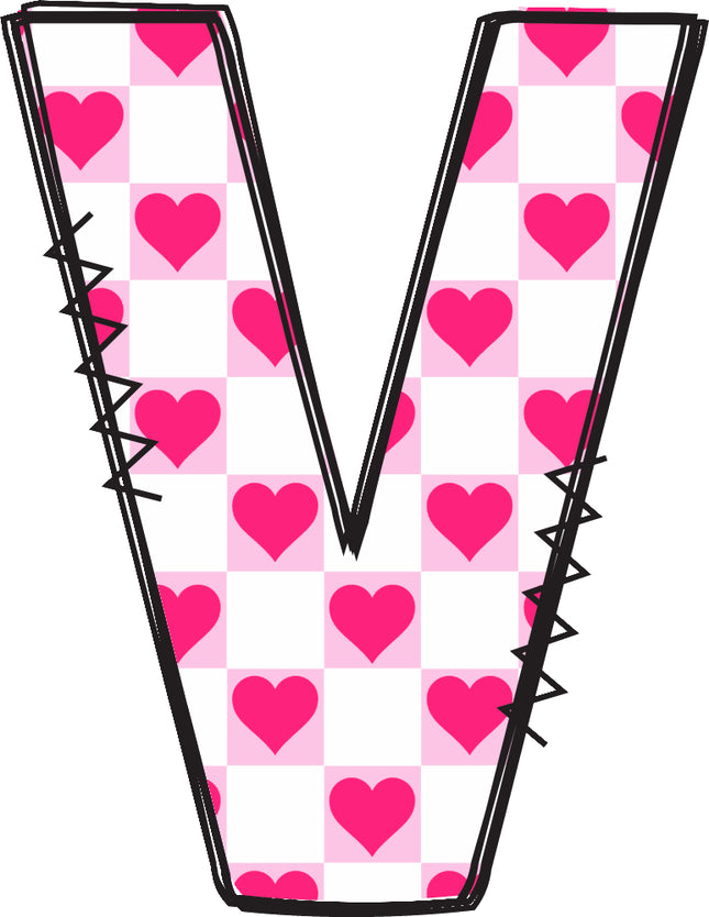 Letter 'V' with pink hearts quilt block