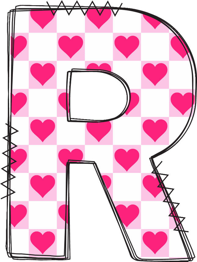 Letter 'R' with pink heart quilt block