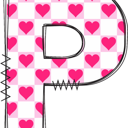 Letter 'P' with a pink hearts quilt block
