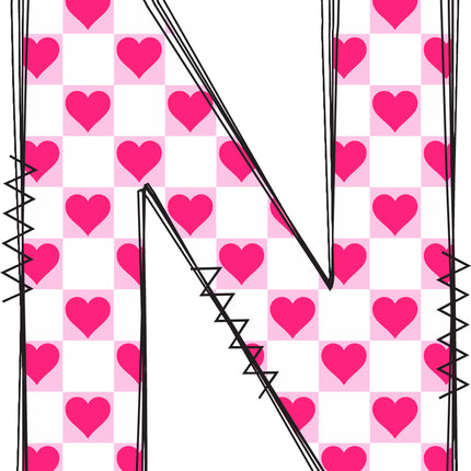 Letter 'N' with pink hearts quilt block