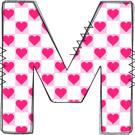 Letter 'M' with a pink hearts quilt block