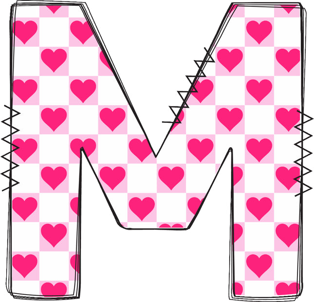Letter 'M' with a pink hearts quilt block