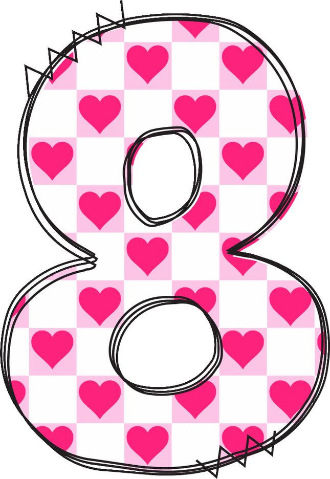 Number 8 with pink hearts fabric panel block