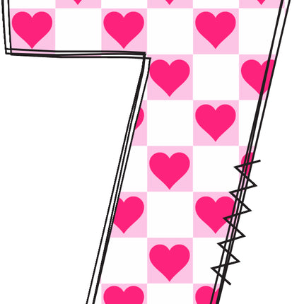 Number 7 with pink hearts fabric panel block