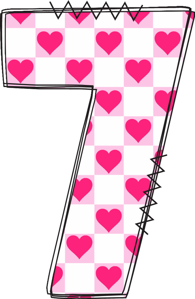 Number 7 with pink hearts fabric panel block
