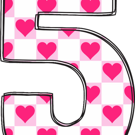 Number 5 with pink hearts fabric panel block