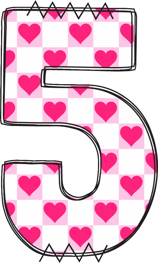 Number 5 with pink hearts fabric panel block