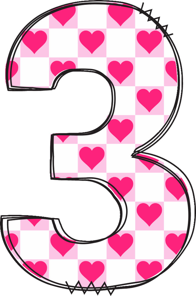 Number 3 with pink hearts fabric panel block