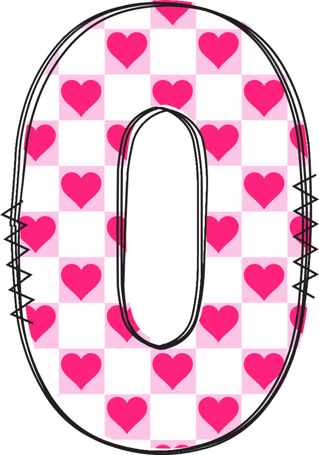 Number 0 with pink hearts fabric panel block