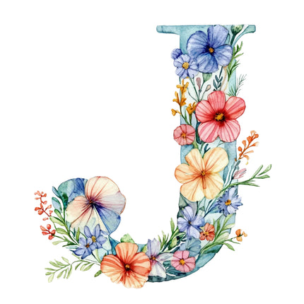 Floral letter 'J' with colorful flowers quilt block