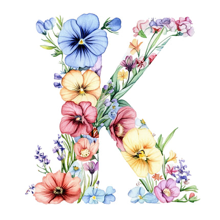 Floral design of the letter 'K' with colorful flowers quilt block