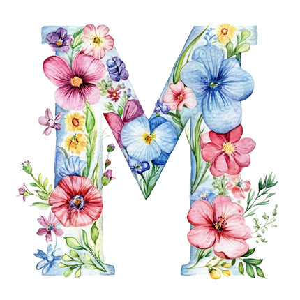 Floral letter 'M' with colorful flowers quilt block