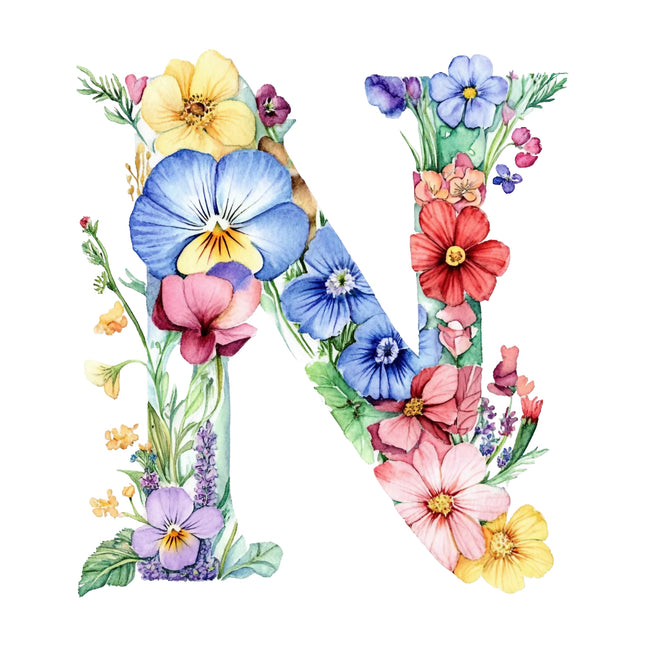 Floral letter 'N' made up of various flowers quilt block