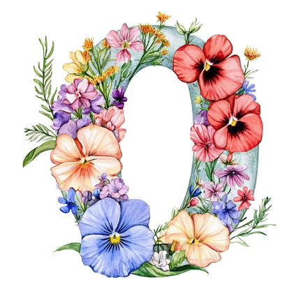 Floral letter 'o' with colorful flowers quilt block