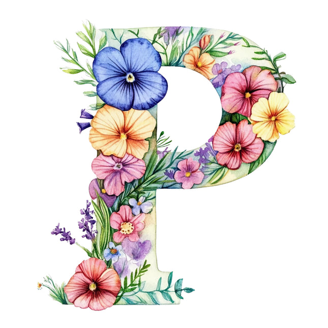 Letter 'P' decorated with colorful flowers quilt block
