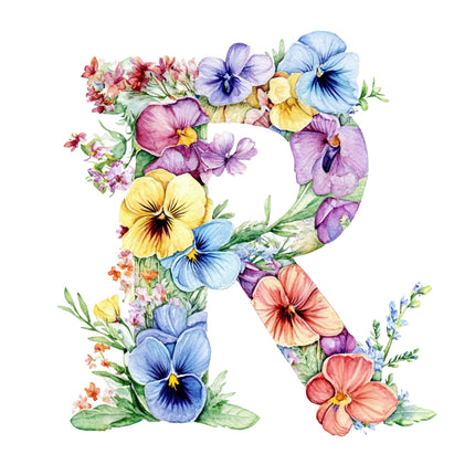 Floral letter 'R' with colorful flowers quilt block