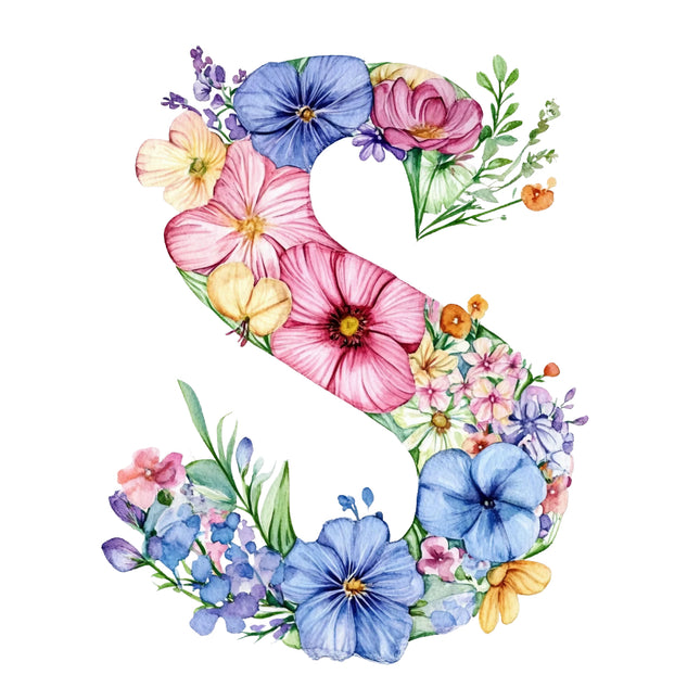 Floral letter 'S' with colorful flowers quilt block