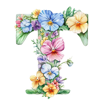 Floral design in the shape of the letter T with colorful flowers quilt block