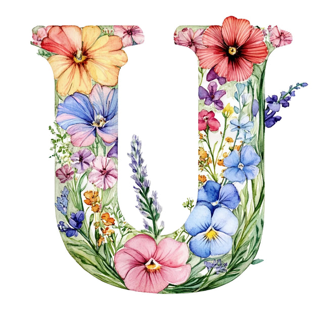 Letter 'U' made of colorful flowers quilt block