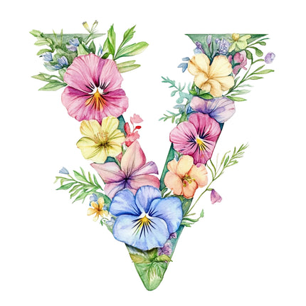 Floral letter 'V' with colorful flowers quilt block