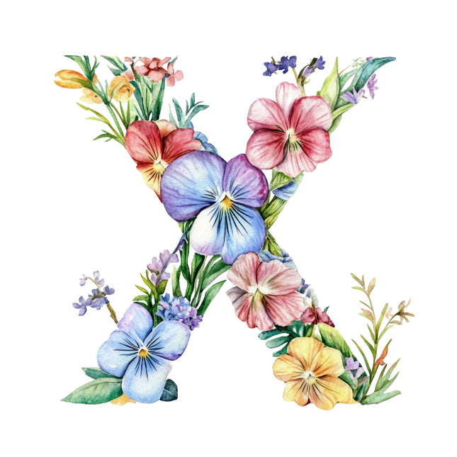 Floral letter X with colorful flowers quilt block