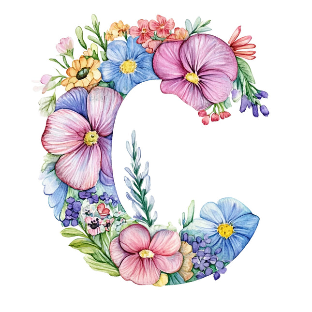Colorful floral design in the shape of the letter 'C' quilt block