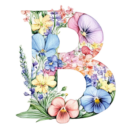 Floral letter 'B' with colorful flowers quilt block