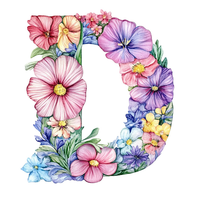 Floral letter 'D' made up of colorful flowers quilt block