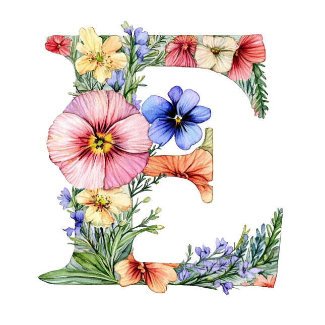 Floral letter 'E' with colorful flowers quilt block