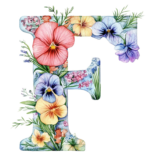 Letter 'F' filled with colorful flowers quilt block